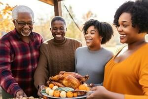 AI generated a family is smiling and holding a turkey photo