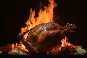 AI generated a roasted turkey is sitting on a table with fire photo