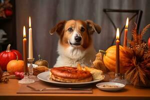 AI generated a dog sits at a table with a plate of food and candles photo