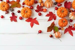 AI generated autumn background with pumpkins and leaves photo
