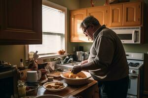 AI generated an older man preparing food in the kitchen photo