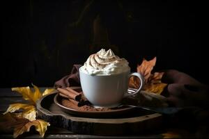 AI generated cinnamon coffee with whipped cream on a wooden plate with autumn leaves photo