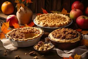 AI generated three pies are sitting on a table with apples and fall leaves photo