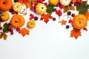 AI generated autumn background with pumpkins, berries and leaves photo