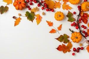 AI generated autumn background with pumpkins, berries and leaves photo
