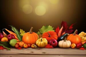 AI generated thanksgiving background with pumpkins, apples, and other vegetables photo