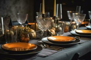 AI generated a table setting with gold and silver plates and place settings photo