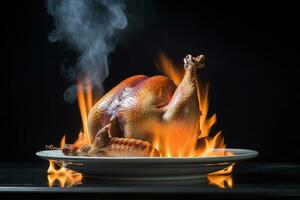 AI generated a roasted turkey on a plate with smoke coming out of it photo