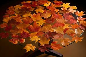 AI generated a table covered with autumn leaves photo