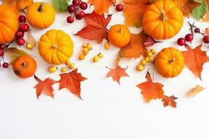 AI generated autumn background with pumpkins, berries and leaves photo
