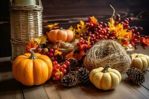 AI generated autumn decoration with pumpkins, berries and cones on wooden table photo