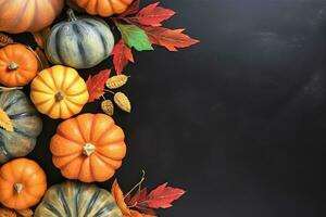 AI generated autumn background with pumpkins and leaves on black background photo