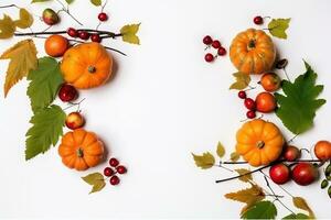 AI generated autumn background with pumpkins, apples and berries photo