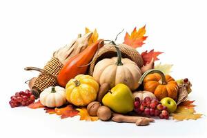 AI generated thanksgiving cornucopia with pumpkins, squash, and other fall fruits photo