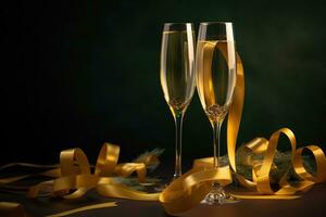 AI generated two champagne glasses with gold ribbons and ribbon photo