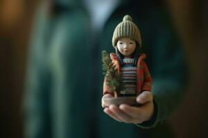 AI generated a person holding a doll with a small tree photo