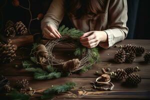 AI generated a woman is making a wreath with pine cones and evergreen branches photo