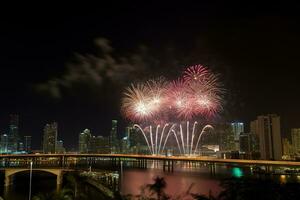 AI generated fireworks over the miami river photo
