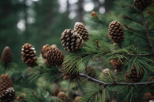 AI generated pine cones on a pine tree photo