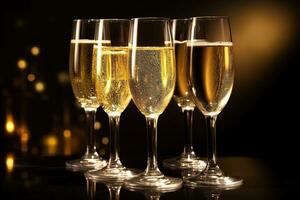 AI generated four glasses of champagne on a table with a black background photo