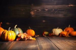 AI generated pumpkins and leaves on a wooden table photo