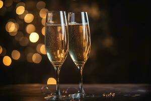 AI generated two glasses of champagne on a wooden table with a bokeh background photo