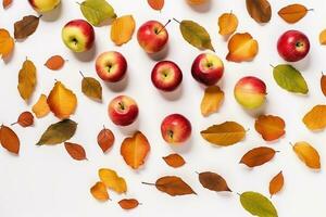 AI generated apples and leaves on white background photo