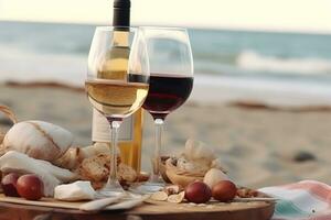 AI generated wine and cheese on the beach photo