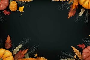 AI generated thanksgiving background with pumpkins and leaves photo