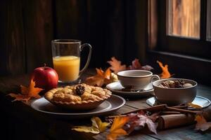 AI generated autumn breakfast with apple pie, coffee and orange photo