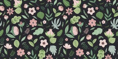 Abstract gentle seamless pattern with leaves, flowers and grass. Modern exotic design for paper, cover, fabric, interior decor and other use. vector