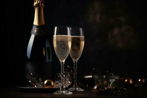 AI generated champagne and glasses on a dark background photo