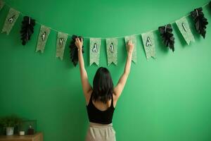 AI generated happy birthday banner hanging on green wall photo