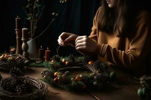 AI generated a woman is making a wreath with pine cones and candles photo