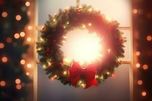 AI generated christmas wreath on window with lights photo