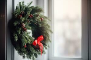 AI generated a wreath on a window sill with a red ribbon photo