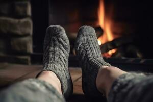AI generated a person wearing socks and sitting in front of a fireplace photo