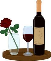 Red wine bottle and glass with red rose composition vector illustration