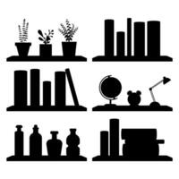 Black silhouette from shelves with books, plants and objects. vector