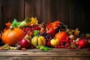 AI generated autumn harvest of fruits and vegetables on wooden table photo