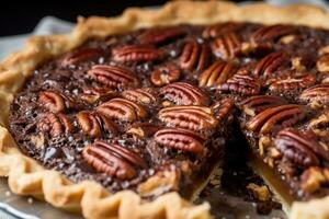 AI generated a chocolate pecan pie with a slice missing photo