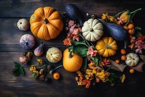 AI generated pumpkins and squash on a wooden table photo