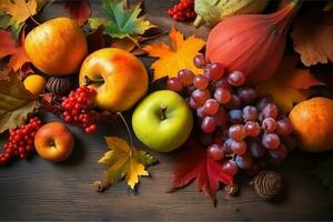 AI generated autumn fruits and vegetables on a wooden table photo