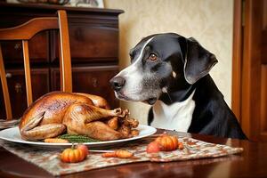 ai generado un perro sentado a un mesa con un Turquía en eso foto