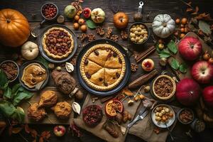 AI generated a table with many different types of pies and other foods photo