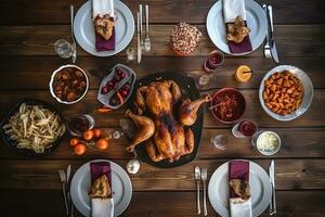 ai generado un mesa con un pavo, papas, y otro comida foto