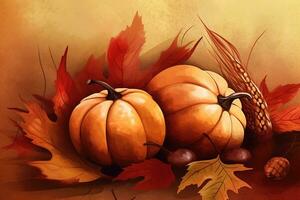 AI generated thanksgiving background with pumpkins and leaves photo