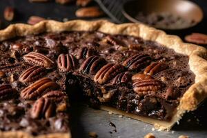 AI generated chocolate pecan pie with a slice cut out photo