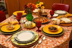 AI generated a table set for thanksgiving with plates, bowls, and utensils photo