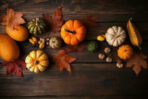 AI generated autumn background with pumpkins and leaves photo